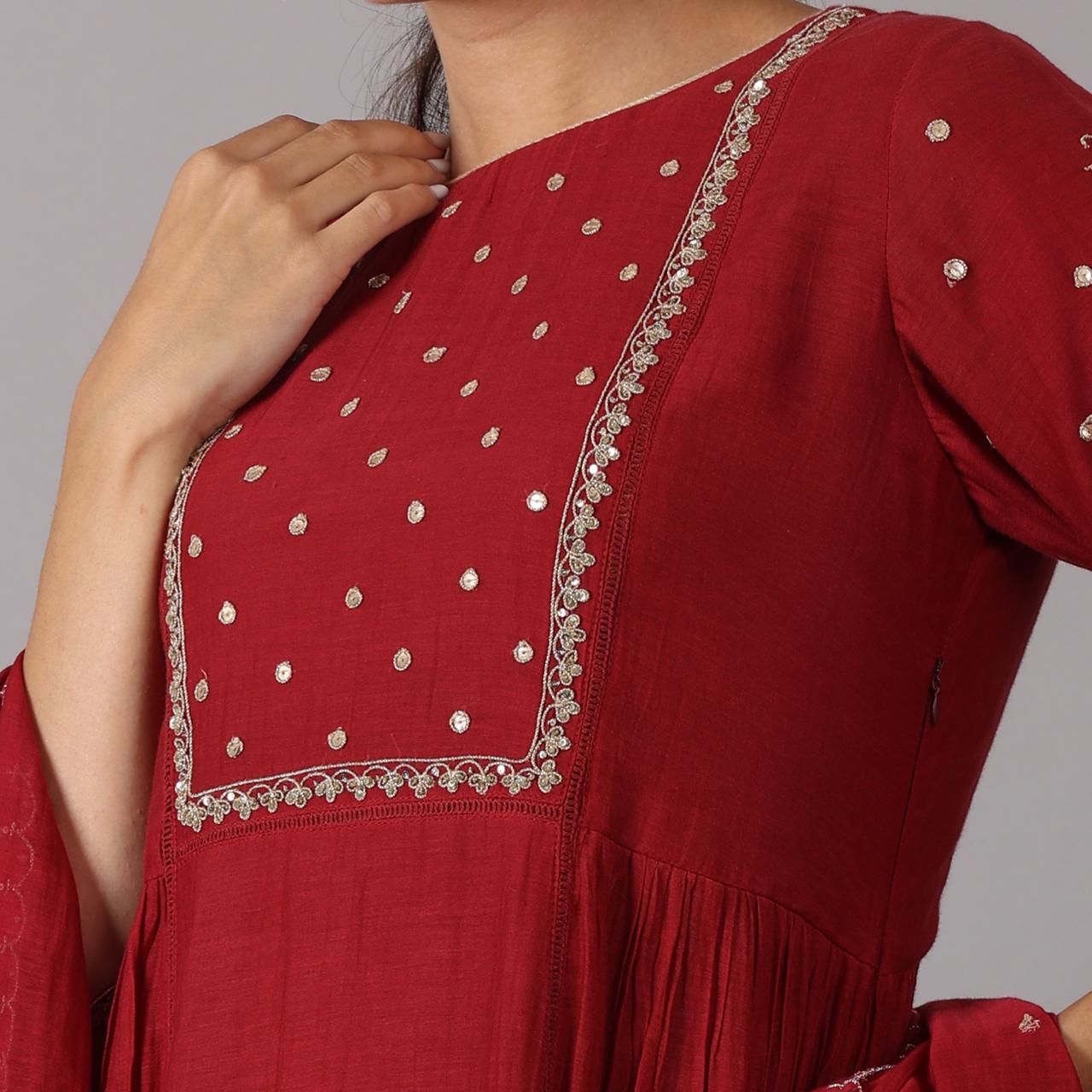 Elegant Maroon Anarkali Kurta Set with Embroidered Detailing