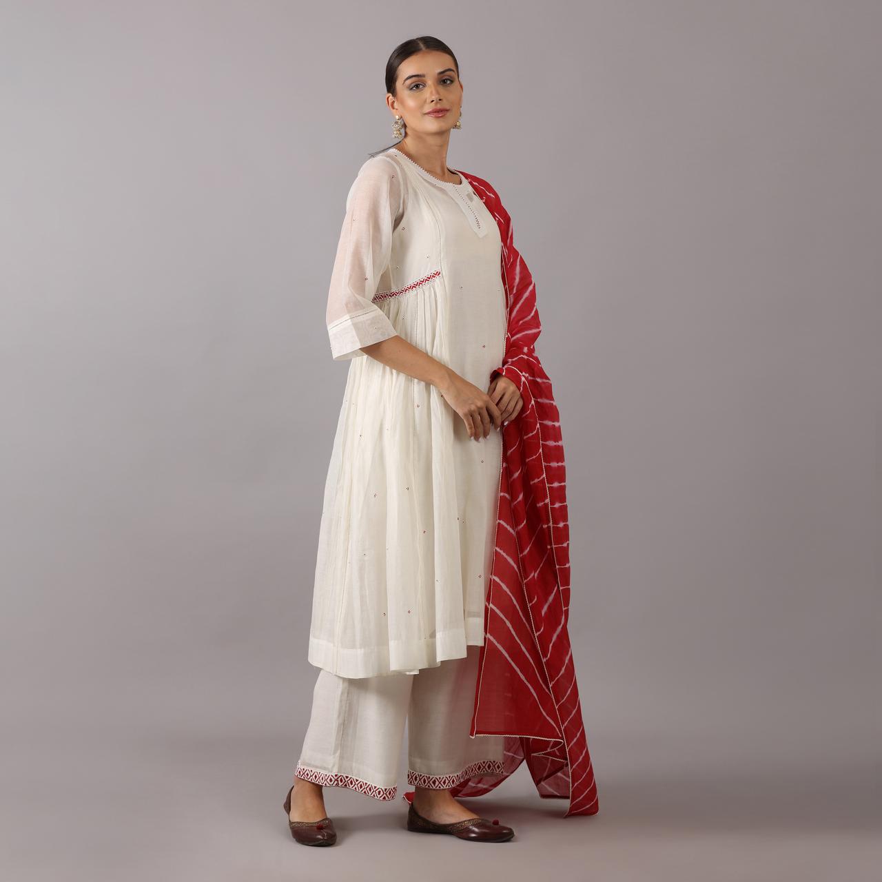 Ivory Kurta Set with Contrasting Red Tie-Dye Dupatta Hand Embroidery Zardozi work with Beads