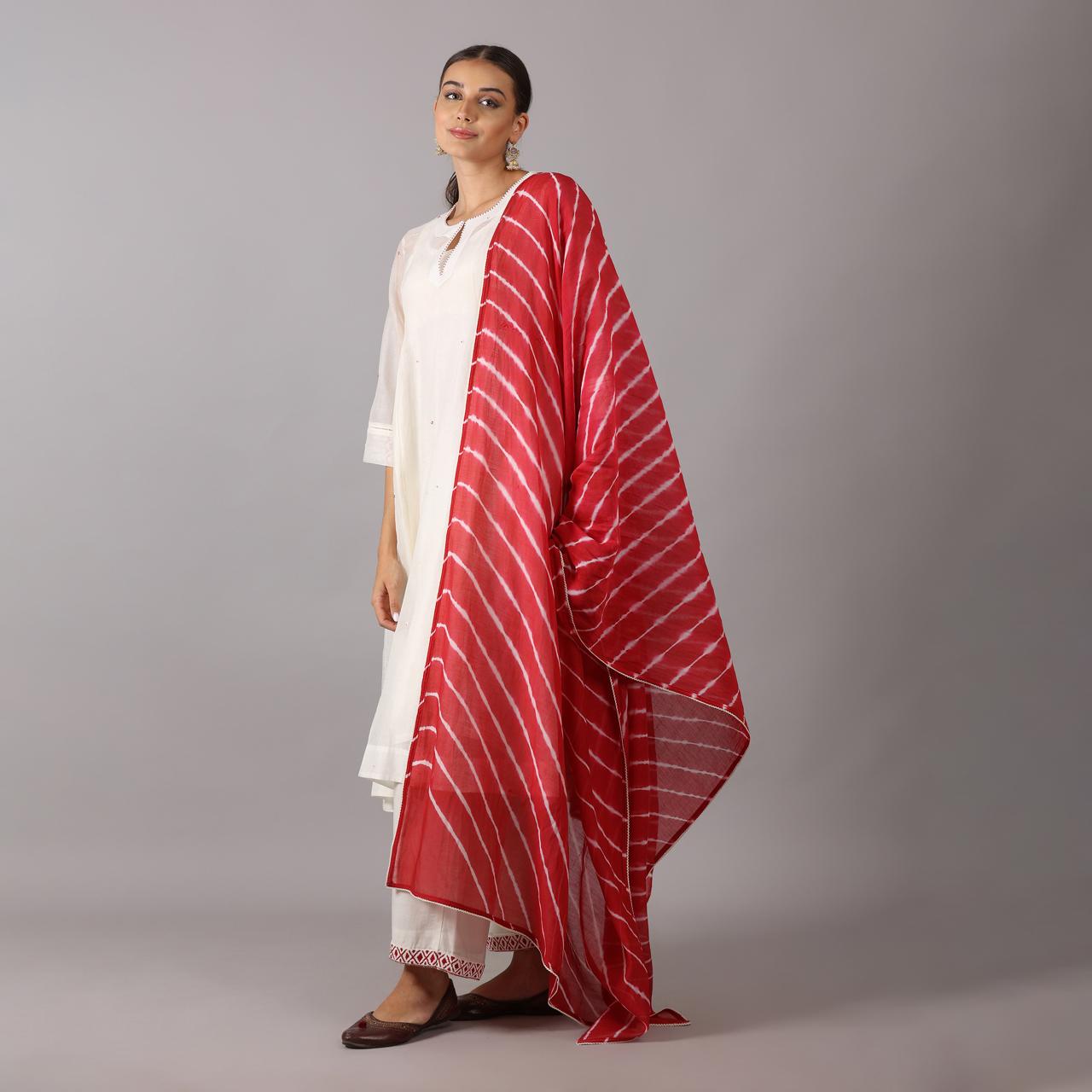 Ivory Kurta Set with Contrasting Red Tie-Dye Dupatta Hand Embroidery Zardozi work with Beads