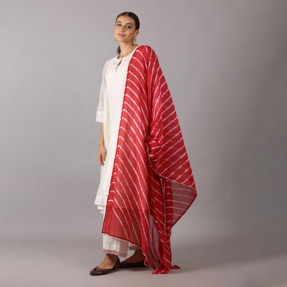 Ivory Kurta Set with Contrasting Red Tie-Dye Dupatta Hand Embroidery Zardozi work with Beads