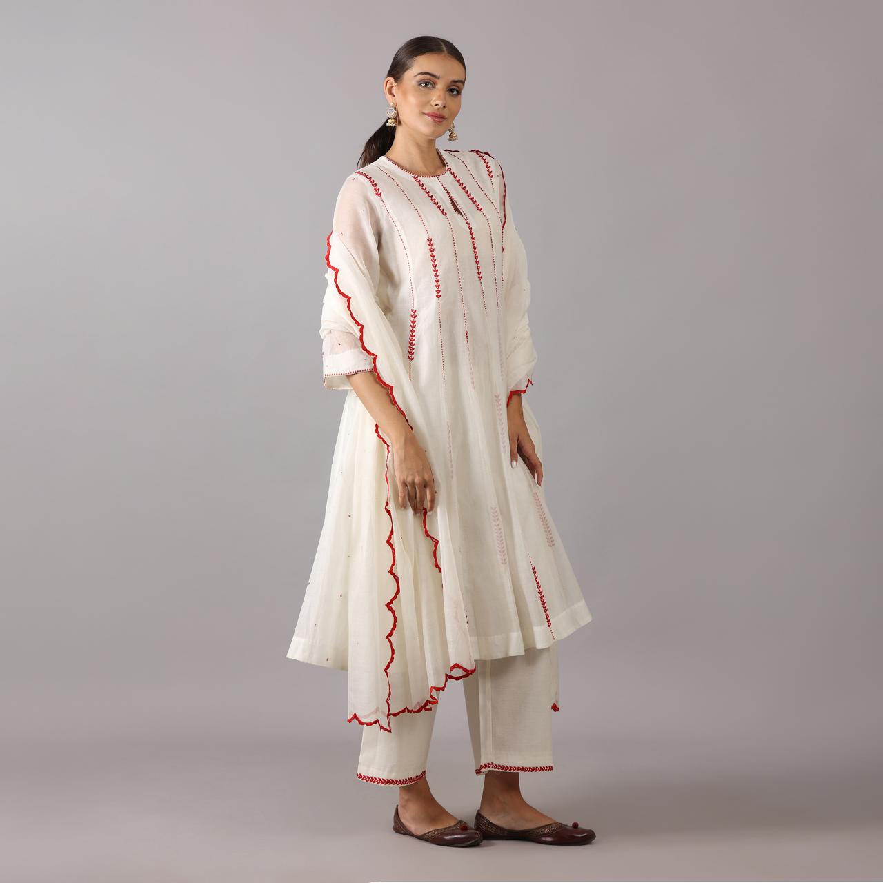 Ivory Kurta Set with Red Embroidered Accents and Scalloped Dupatta Kalidar Pattern