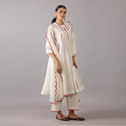 Ivory Kurta Set with Red Embroidered Accents and Scalloped Dupatta Kalidar Pattern