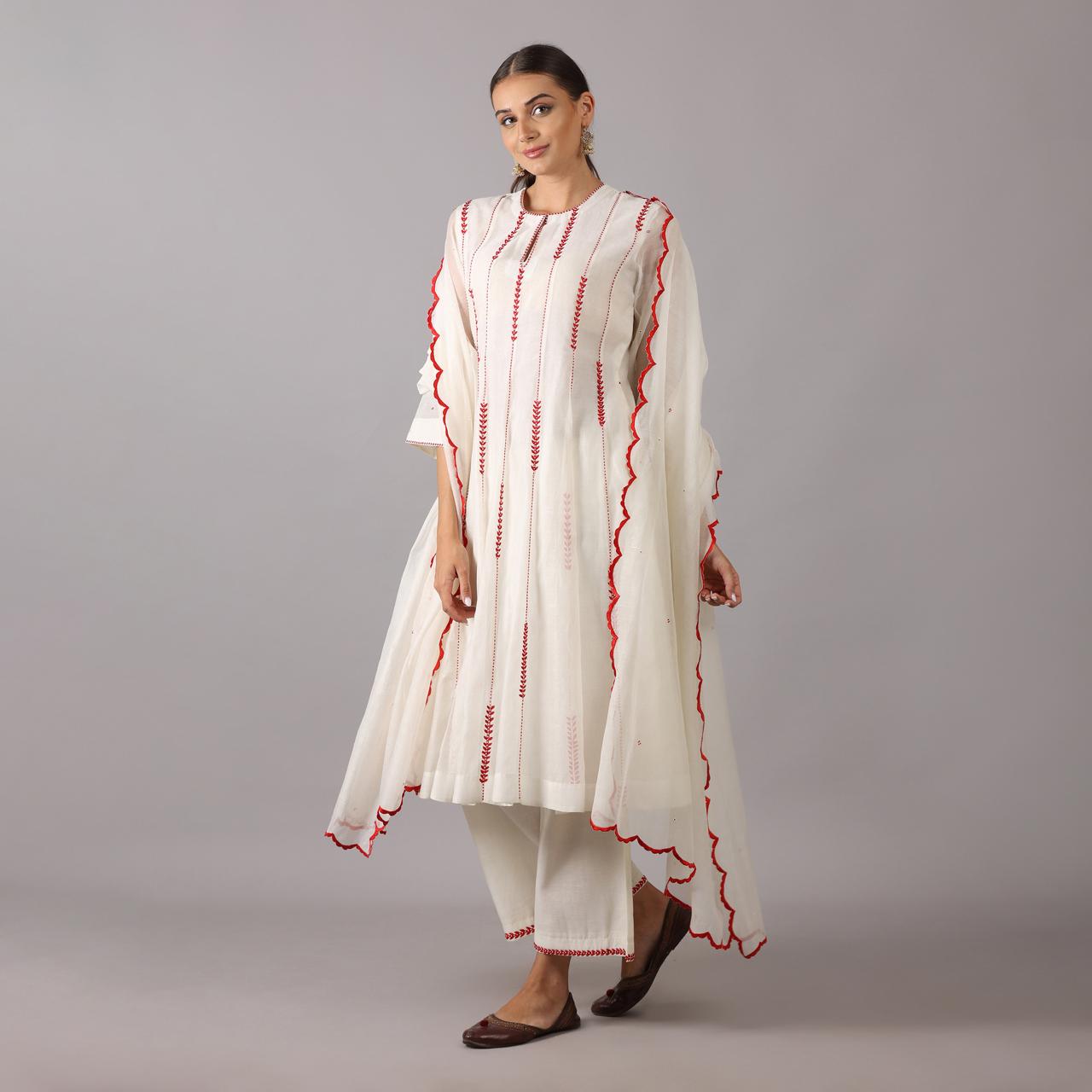 Ivory Kurta Set with Red Embroidered Accents and Scalloped Dupatta Kalidar Pattern