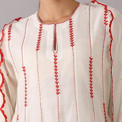 Ivory Kurta Set with Red Embroidered Accents and Scalloped Dupatta Kalidar Pattern