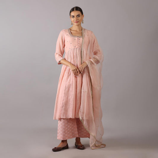 Elegant Blush Pink Anarkali Set with Intricate Detailing Zardozi work with Beads