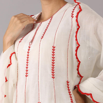 Ivory Kurta Set with Red Embroidered Accents and Scalloped Dupatta Kalidar Pattern