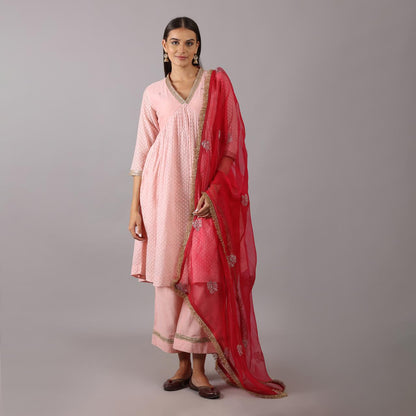 Elegant Pink Anarkali Set with Contrasting Red Dupatta Jamdani Cotton