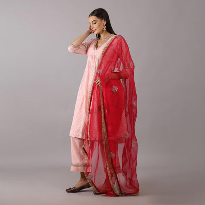 Elegant Pink Anarkali Set with Contrasting Red Dupatta Jamdani Cotton