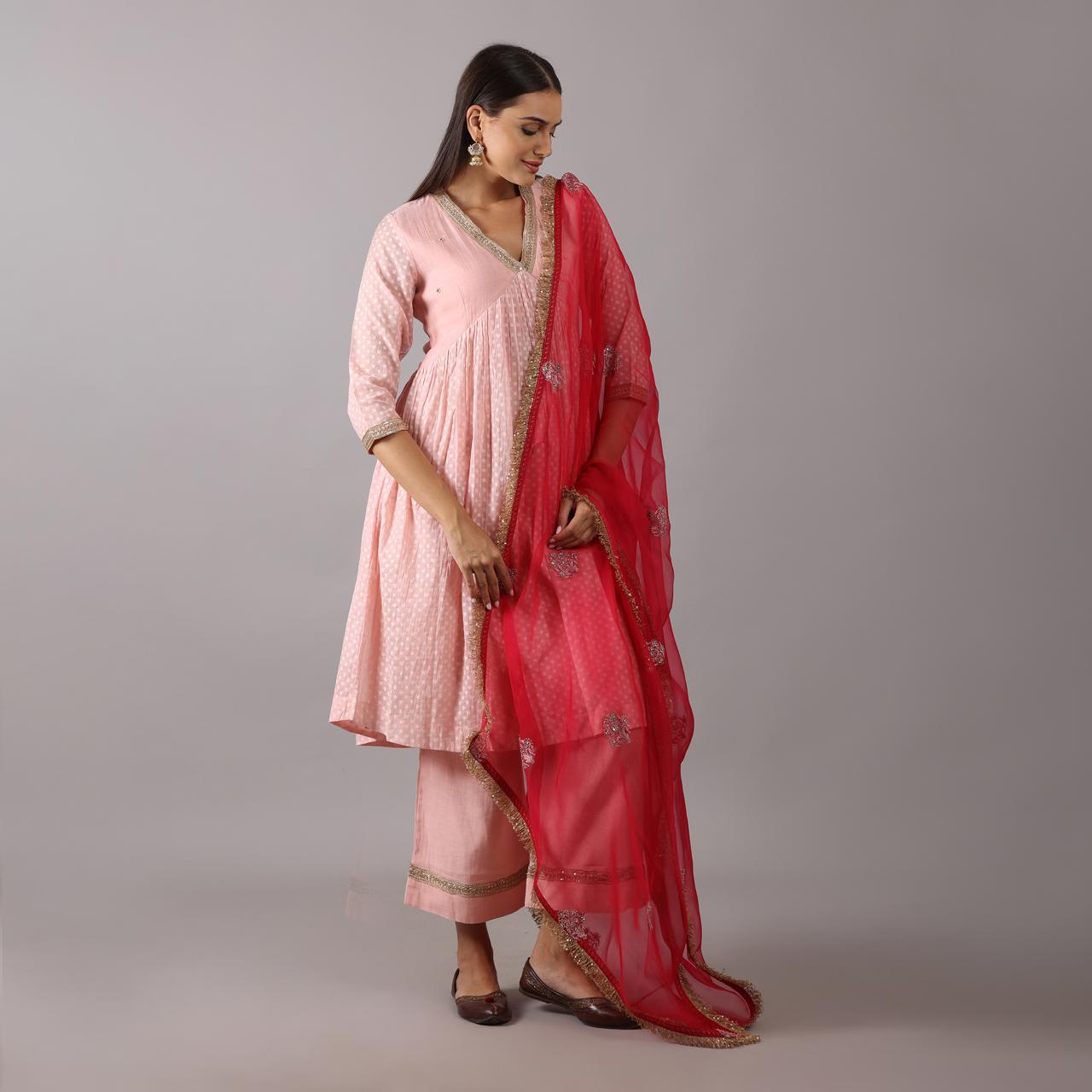 Elegant Pink Anarkali Set with Contrasting Red Dupatta Jamdani Cotton