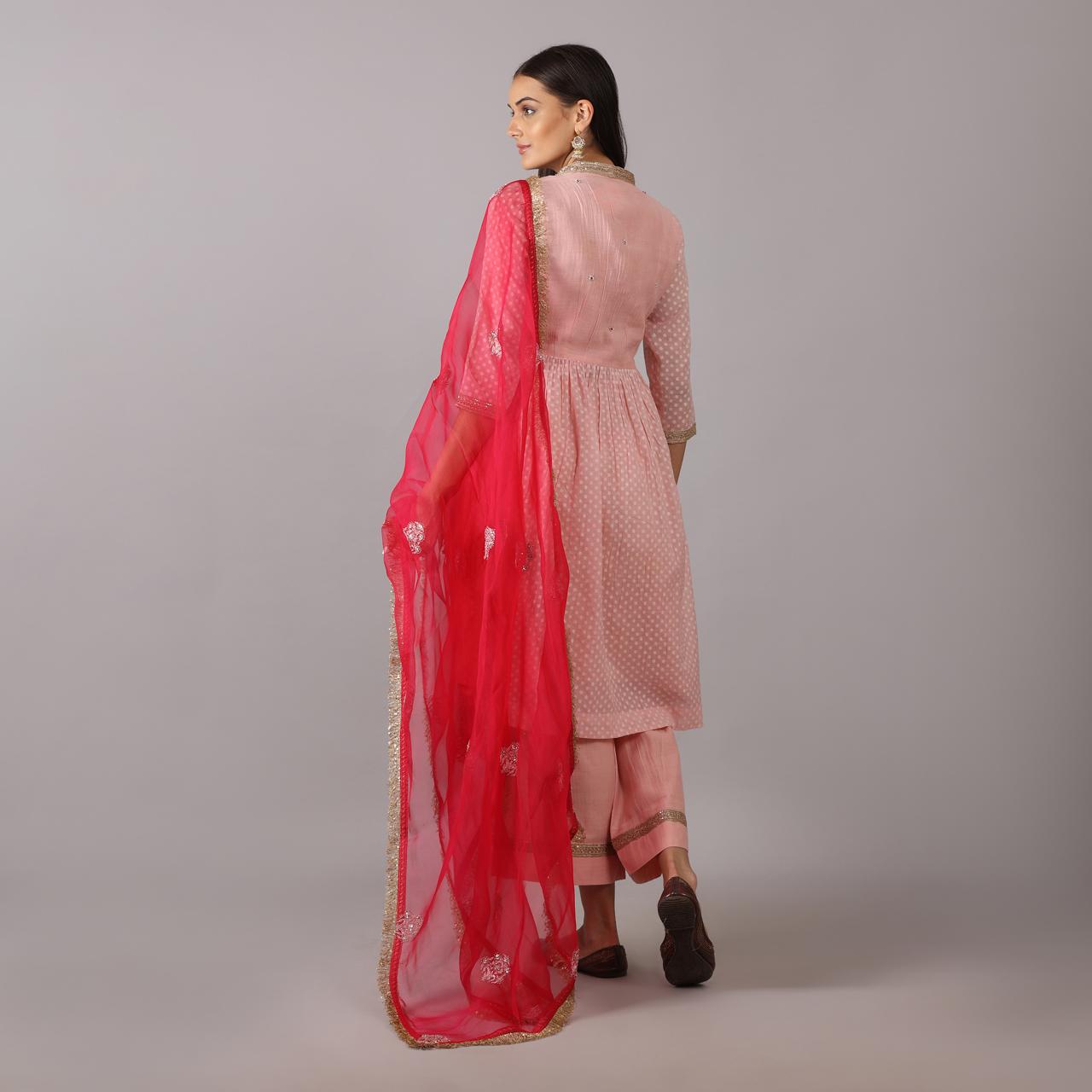 Elegant Pink Anarkali Set with Contrasting Red Dupatta Jamdani Cotton